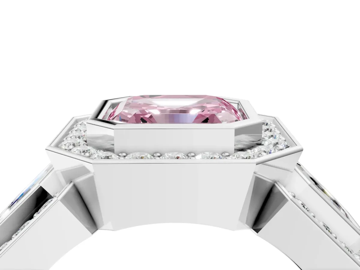 Fancy Pink Three-Stone Asscher Cut Halo Pavé Diamond Ring Platinum