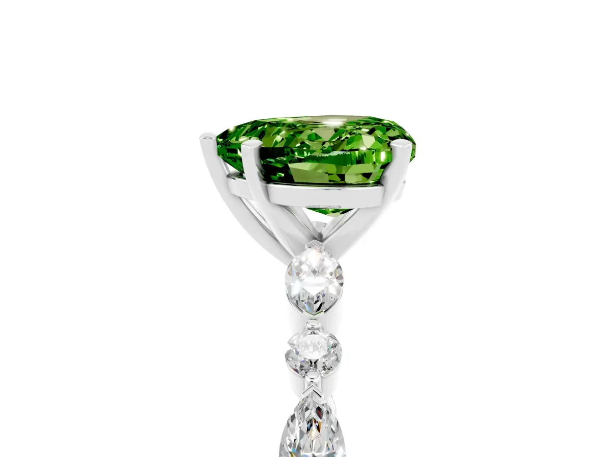 Heart Cut Peridot Ring with Marquise and Round Side Stones and Four-Prong Setting Silver