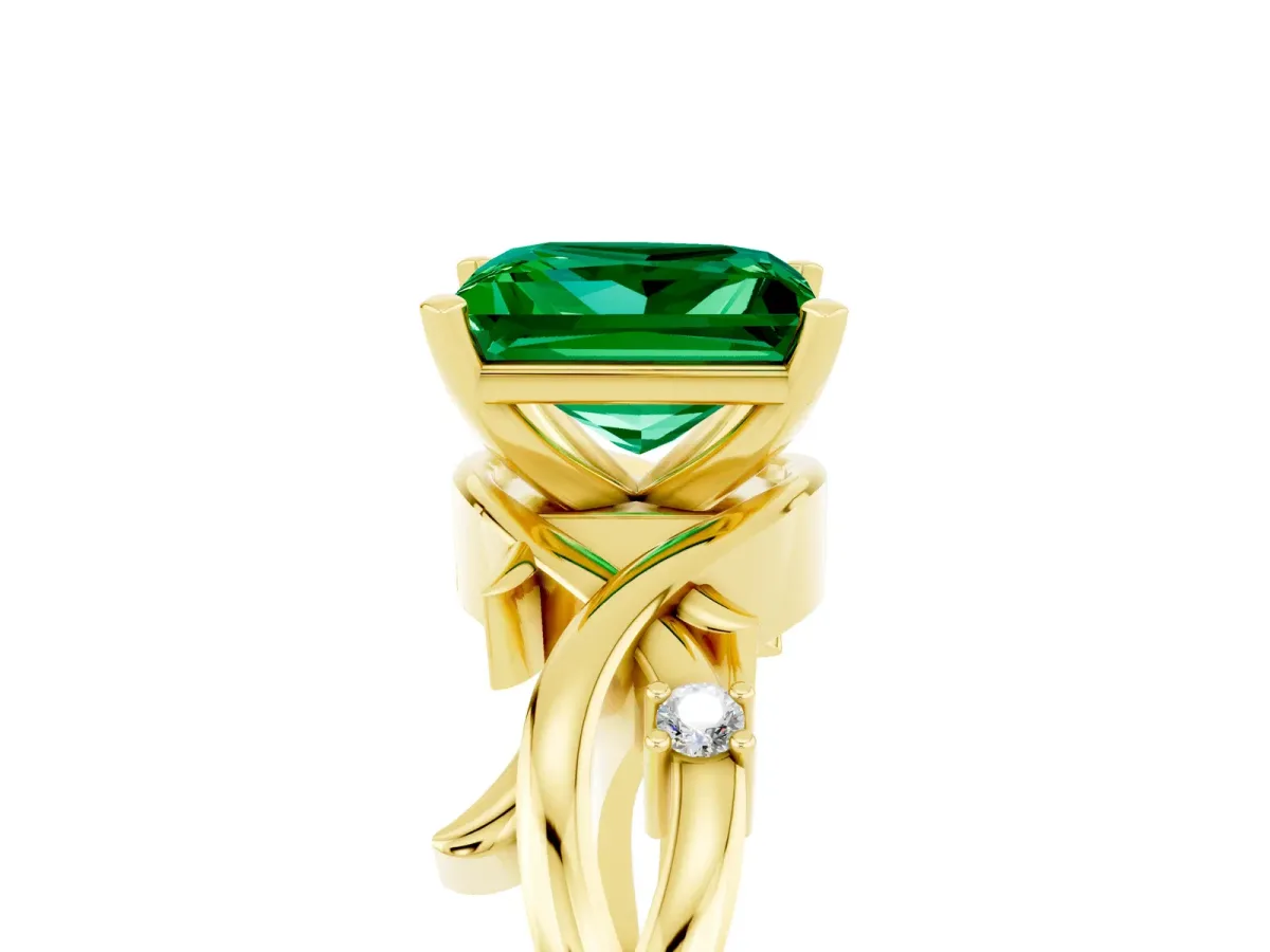 Princess Cut Emerald Solitaire Ring with Twisted Band and Prong Setting Yellow gold