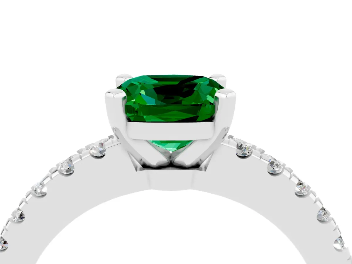 Cushion Cut Solitaire Emerald with Pavé Band and Four-Prong Setting Silver