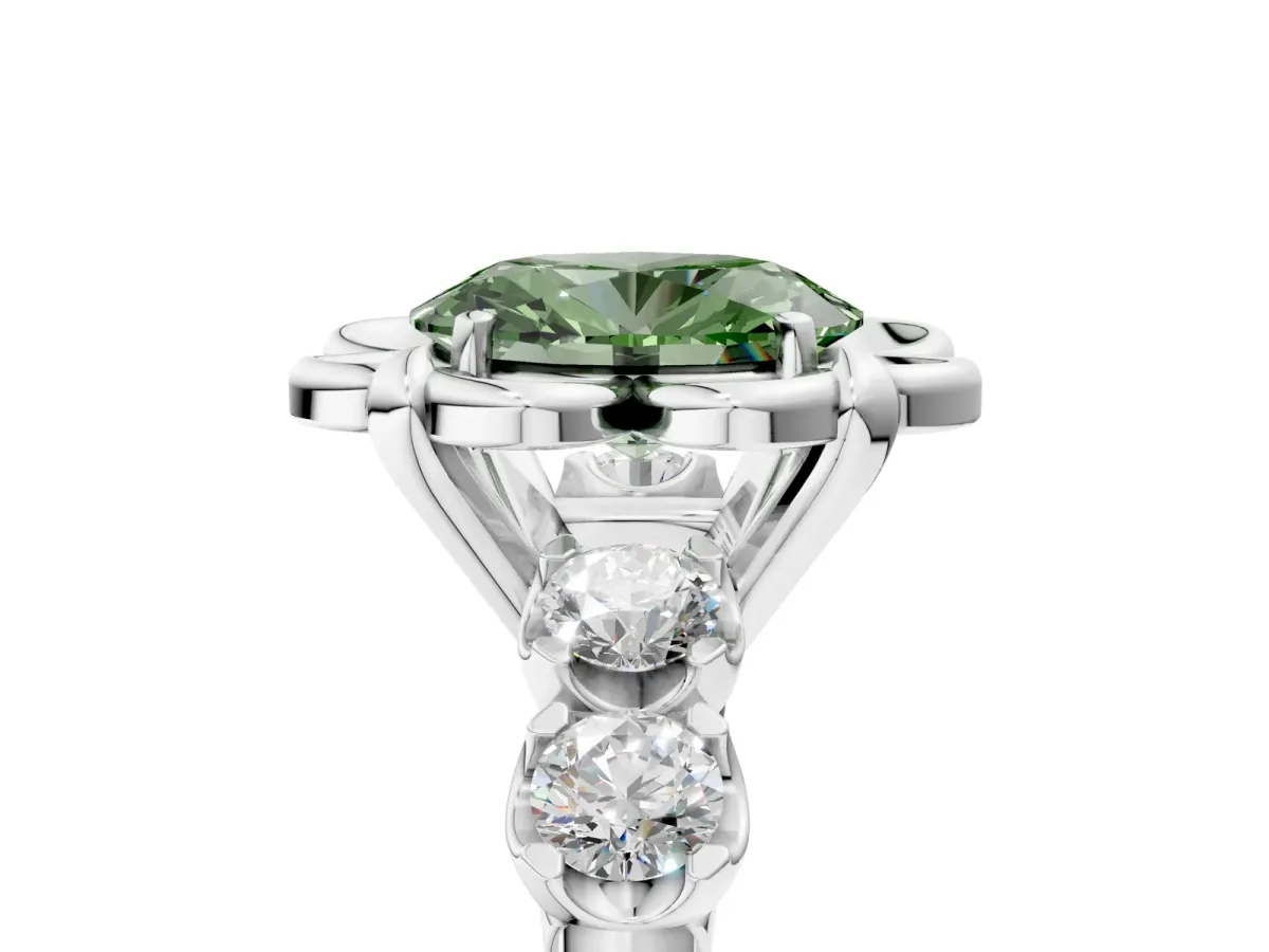 Fancy Green Oval Cut Cut Diamond Floral Halo Engagement Ring with Shared Prong Setting Silver