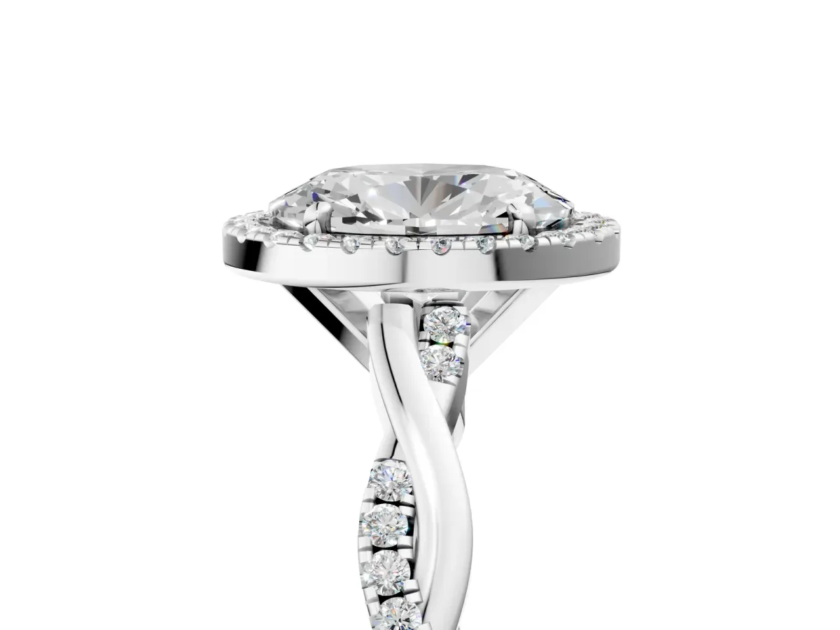 Oval Cut Cut Halo Twisted Band Four-Prong Ring White gold