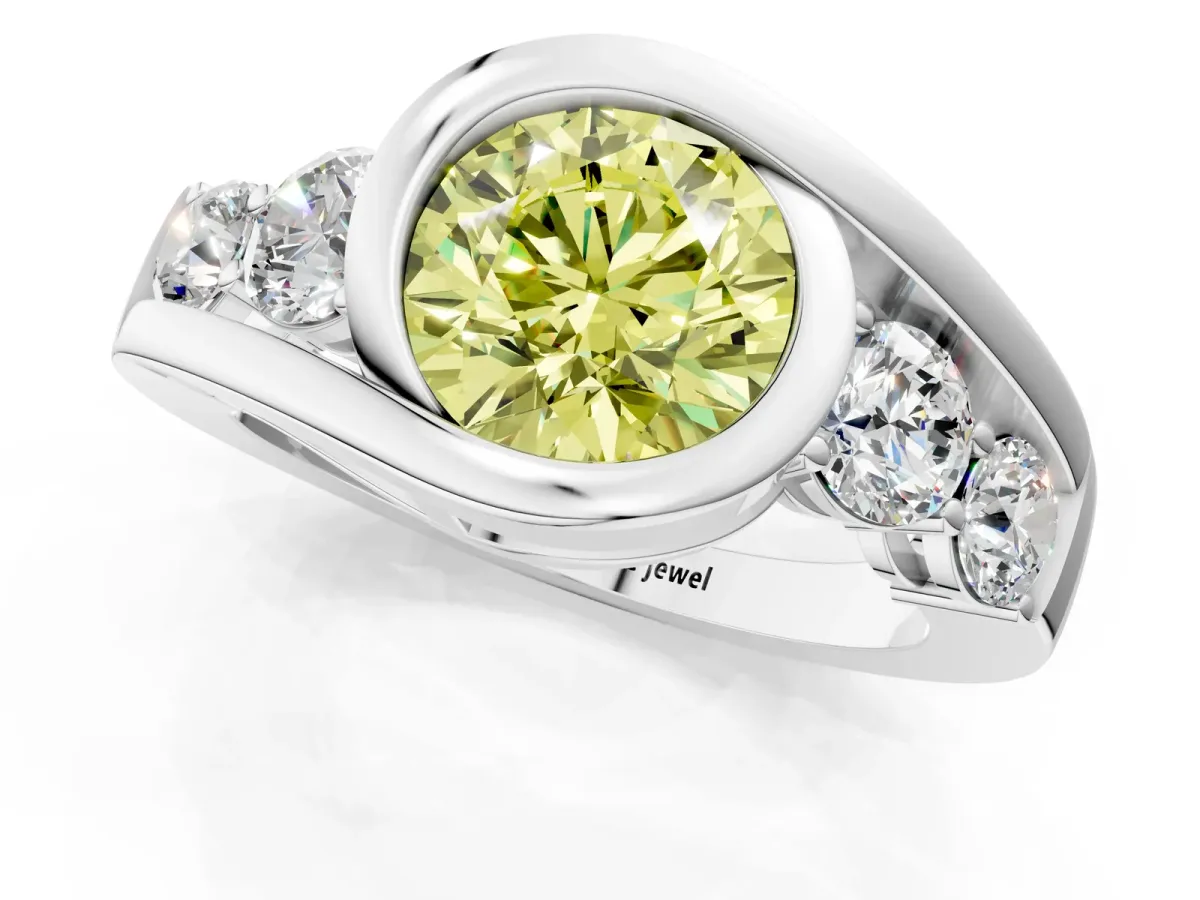 Fancy Yellow Bezel Set Round Cut Diamond Bypass Ring with Round Accents Platinum