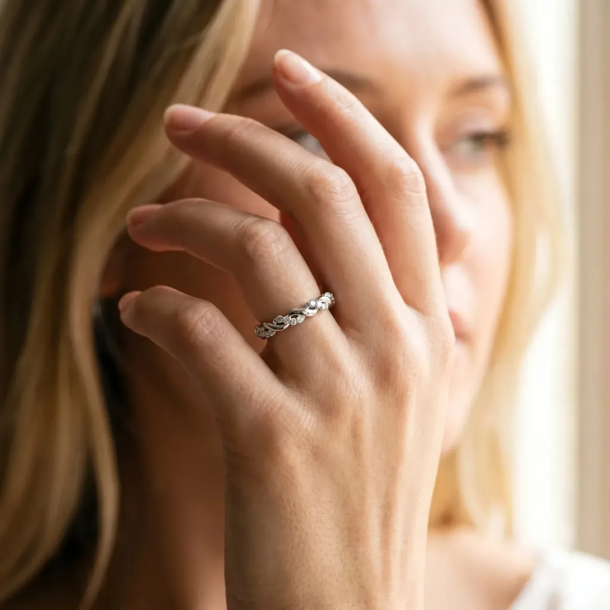 Twisted Pavé Round Diamond Eternity Band Silver