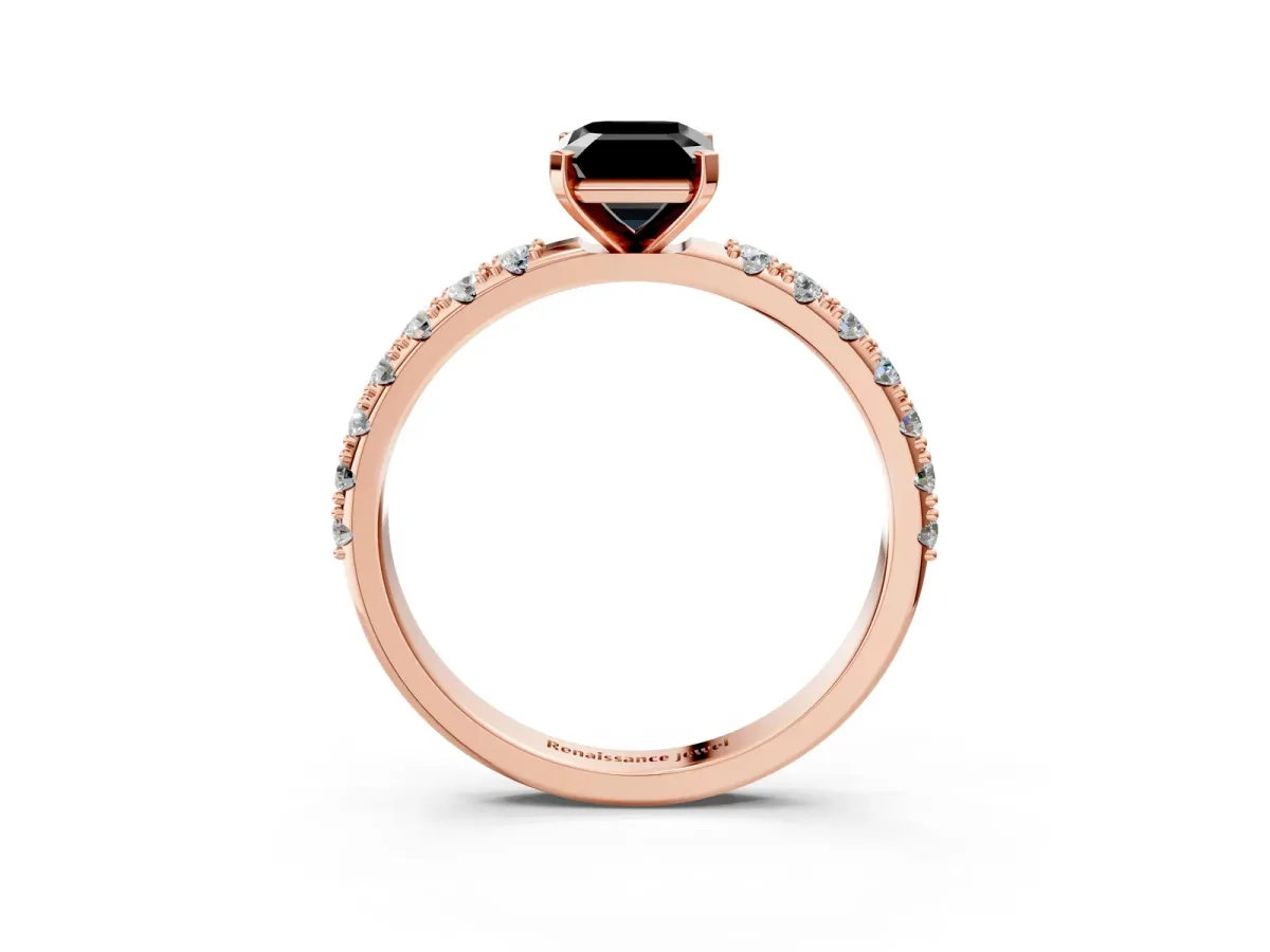 Fancy Black Emerald Cut Diamond Solitaire Pavé Band with Four-Prong Setting Rose gold