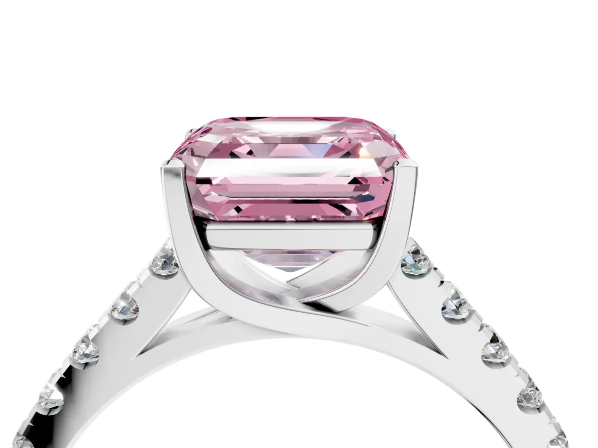 Fancy Pink Asscher Cut Diamond Pavé Band Solitaire Ring with Prong Setting Platinum