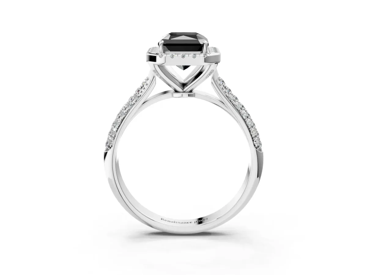 Fancy Black Radiant Cut Halo Diamond Ring with Pavé Band Platinum