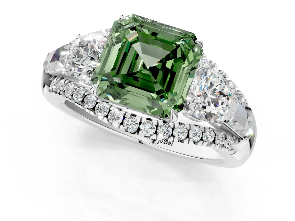 Fancy Green Three-Stone Asscher Cut Diamond Engagement Ring with Pave Band and Prong Setting Platinum