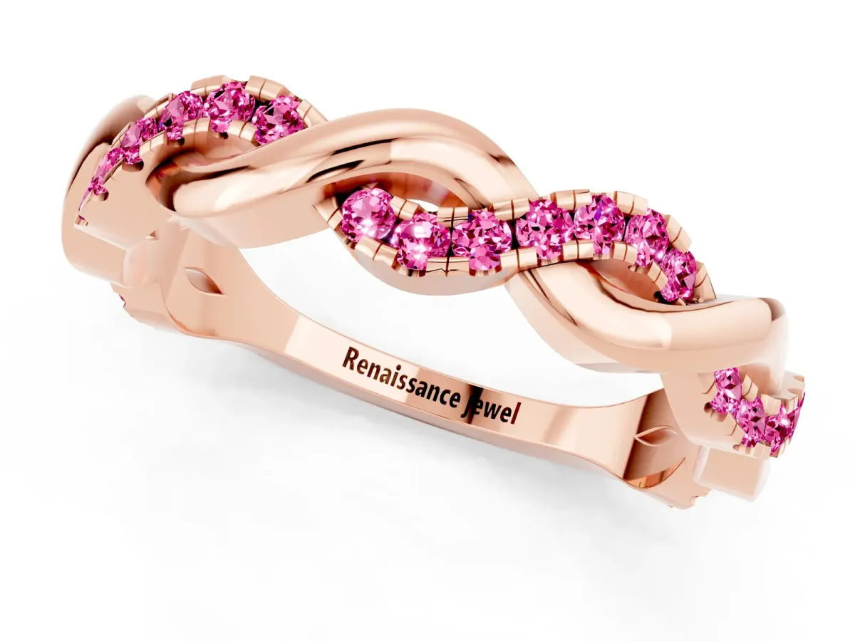 Pavé Round Pink Sapphire Twist Eternity Band with Shared Prong Setting Rose gold