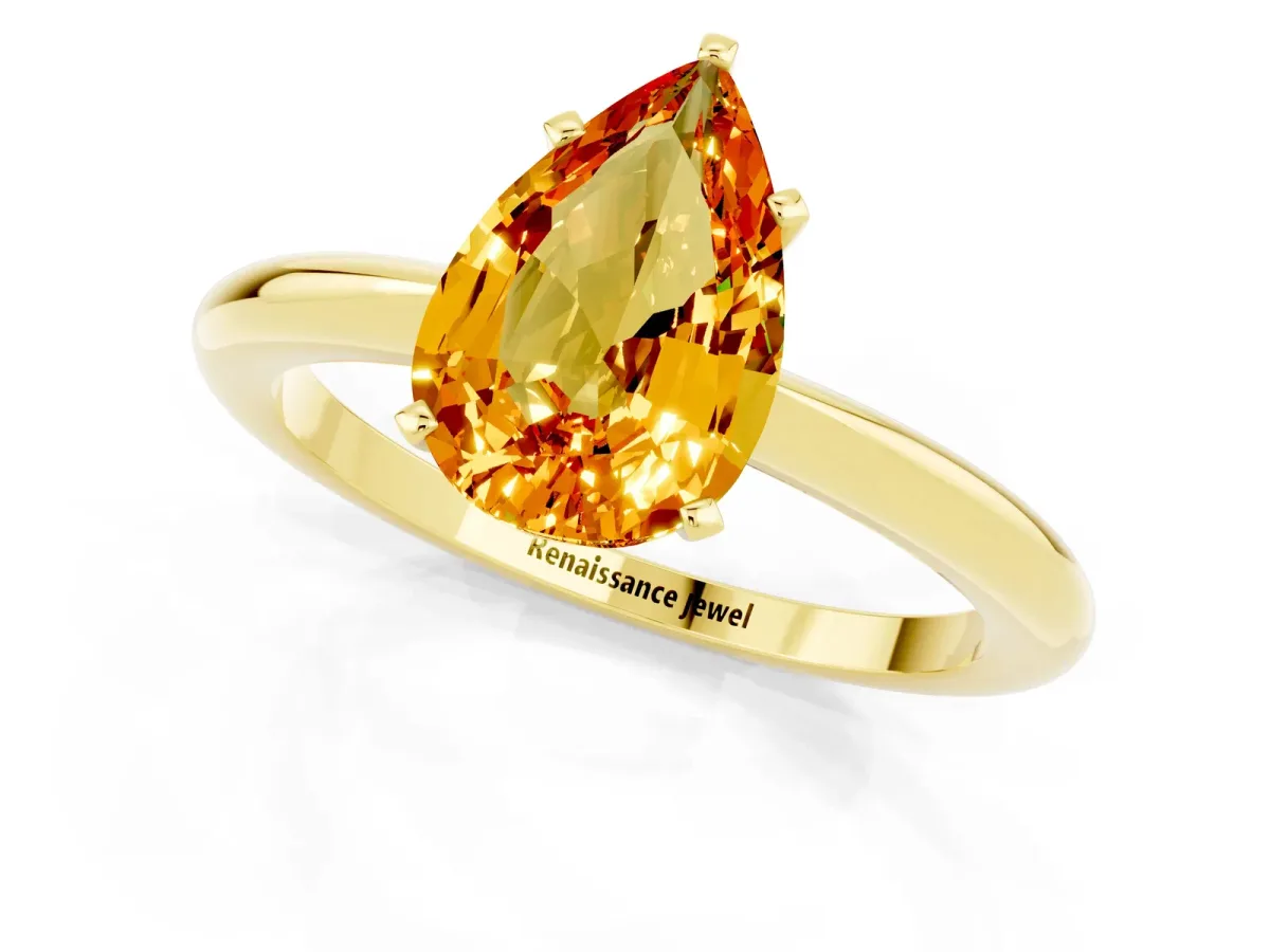 Pear Cut Citrine Solitaire Ring with Six-Prong Setting and Classic Band Yellow gold