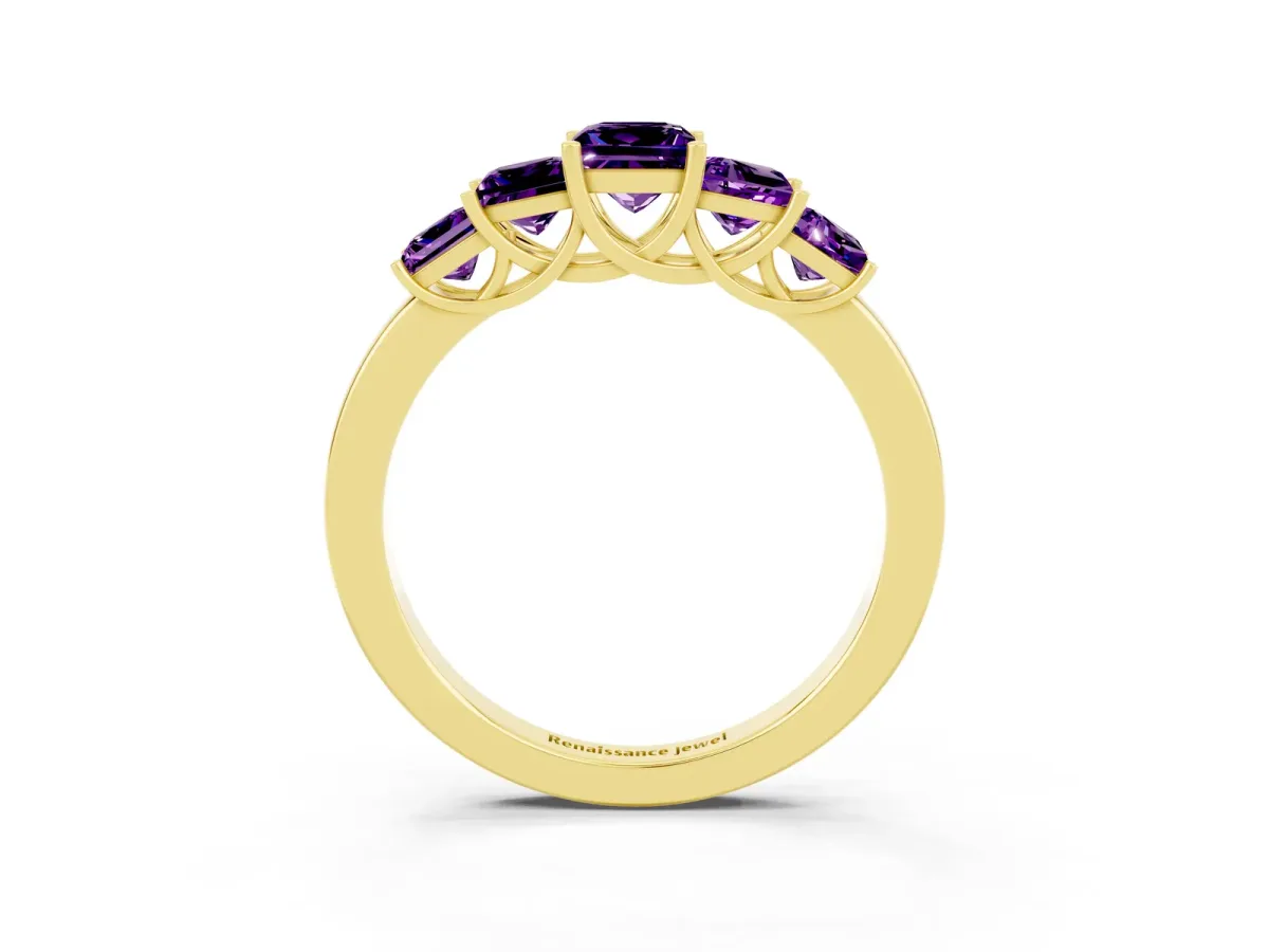 Princess Cut Five-Stone Amethyst Ring with Classic Prong Setting Yellow gold
