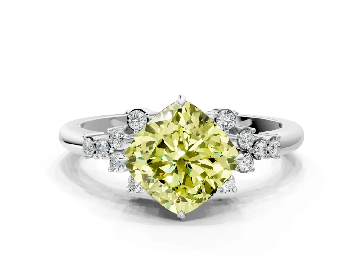 Fancy Yellow Cushion Cut Diamond Ring with Side Stones and Four-Prong Setting Silver