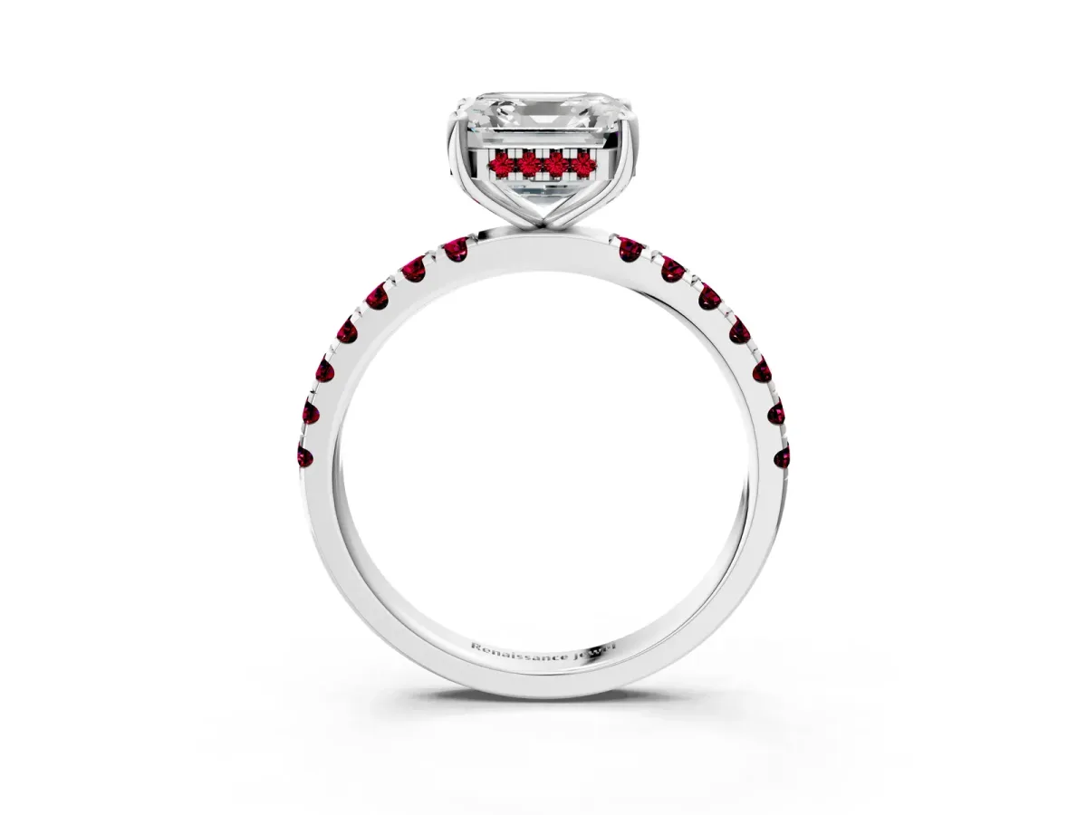Asscher Cut Diamond Pave Band Solitaire Ring with Round Garnet and Prong Setting Platinum