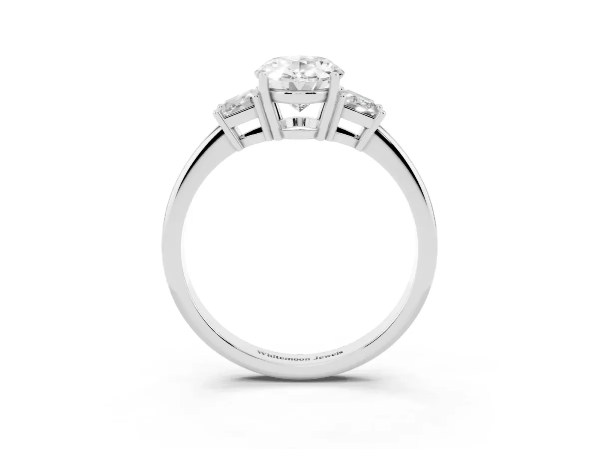 Oval Cut Diamond Three-Stone Ring with Trapezoid Side Stones and Prong Setting Silver