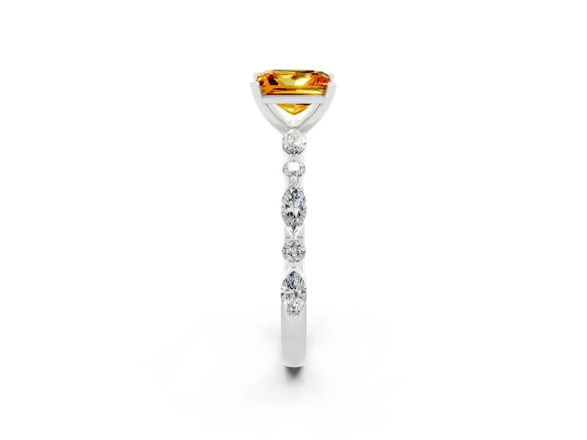 Princess Cut Citrine Ring with Marquise and Round Side Stones and Four-Prong Setting Silver