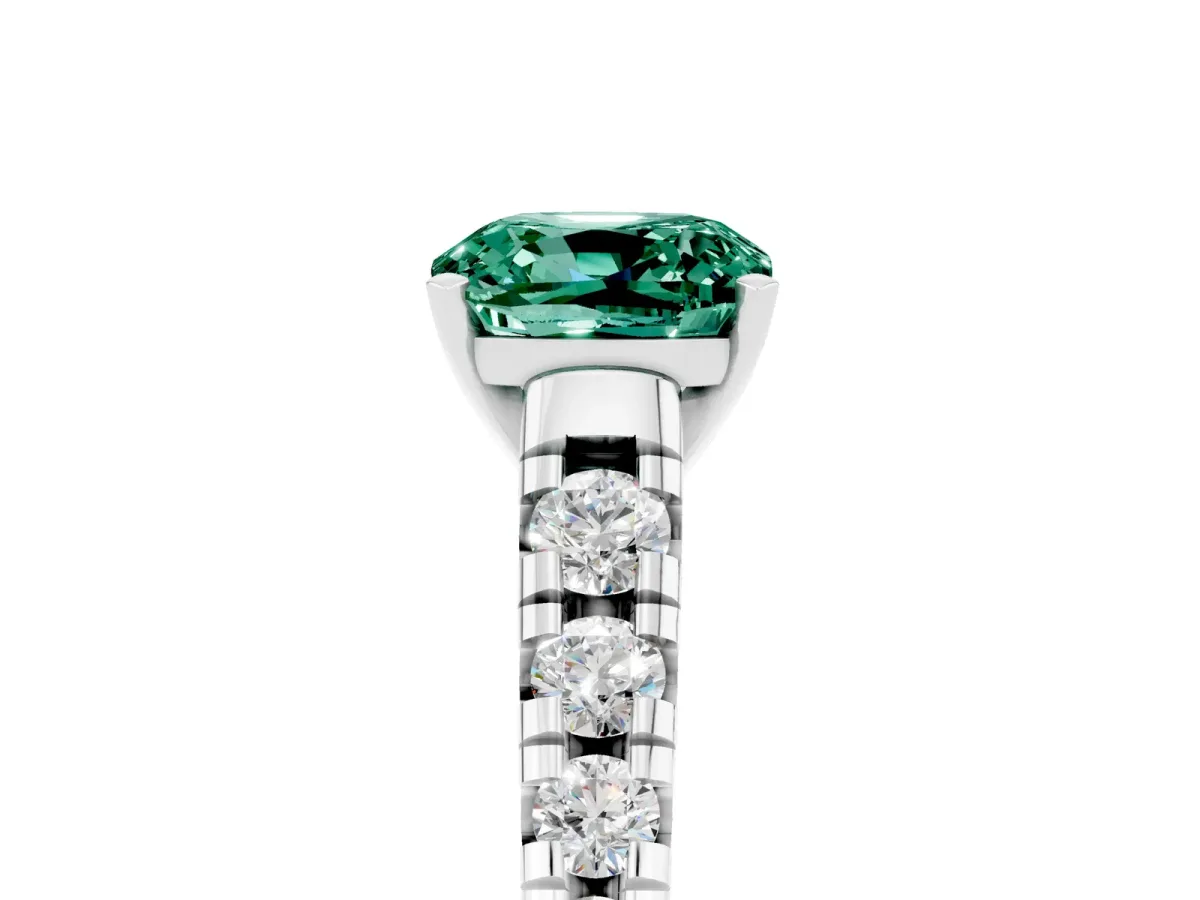 Cushion Cut Green Sapphire Cathedral Solitaire Ring with Round Pavé Band Silver