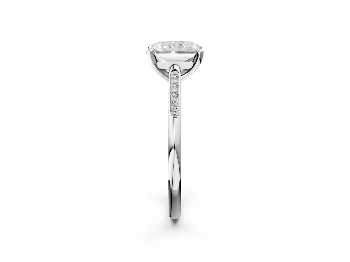 Radiant Cut Diamond Solitaire Ring with Channel Set Round Band and Prong Setting Silver