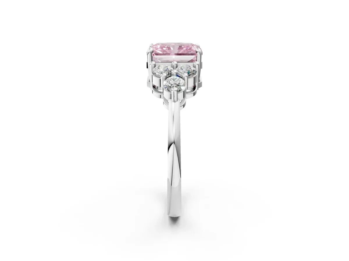 Fancy Pink Radiant Cut Brilliant Diamond Cluster Accent Solitaire Ring with Prong Setting Platinum