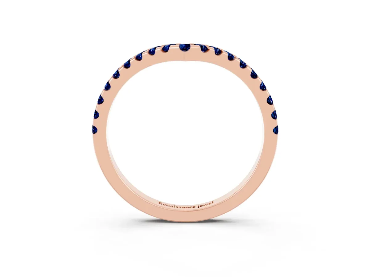 Pavé Round Blue Sapphire Chevron Band with Shared Prong Setting Rose gold