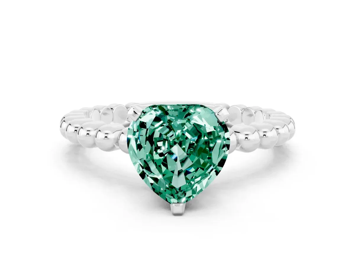 Heart Cut Green Sapphire Solitaire Ring with Beaded Band and Prong Setting Silver
