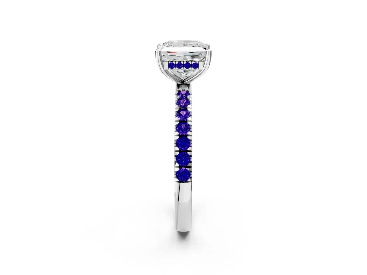 Princess Cut Diamond Pave Band Solitaire Ring with Round Tanzanite and Prong Setting Silver