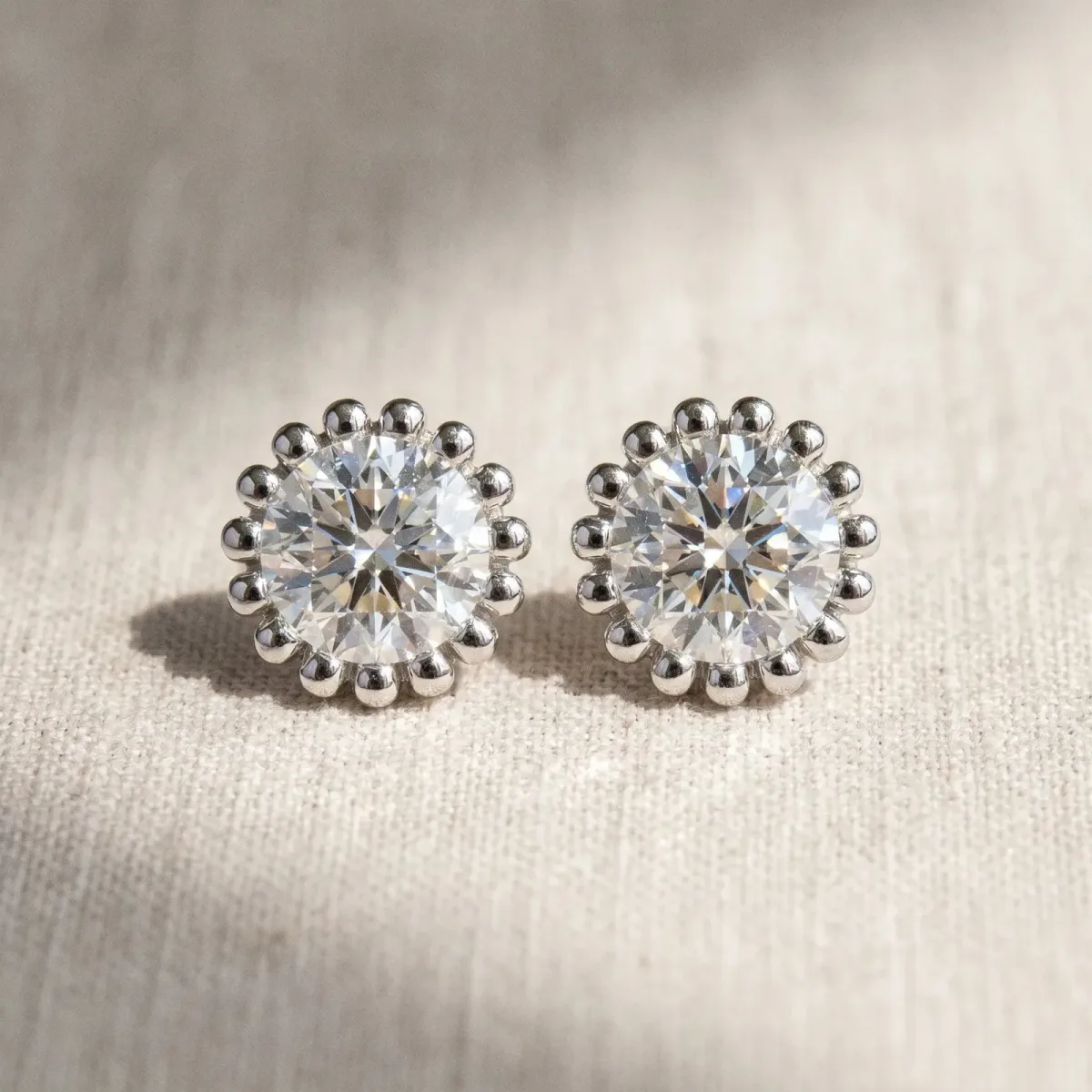 Round Diamond Flower Halo Stud Earrings with Petal Prong Setting Silver