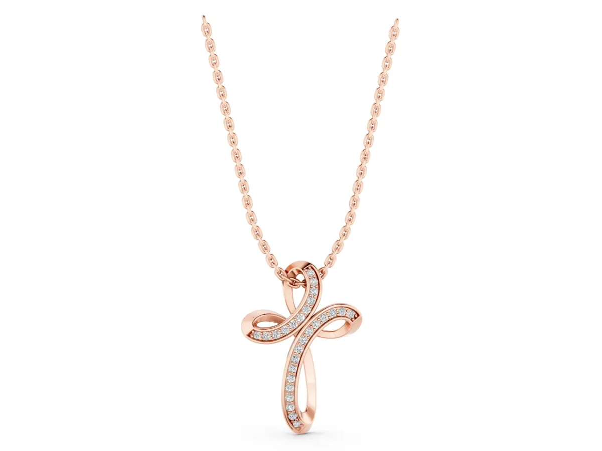 Pavé Round Diamond Prong Cross Pendant Rose gold