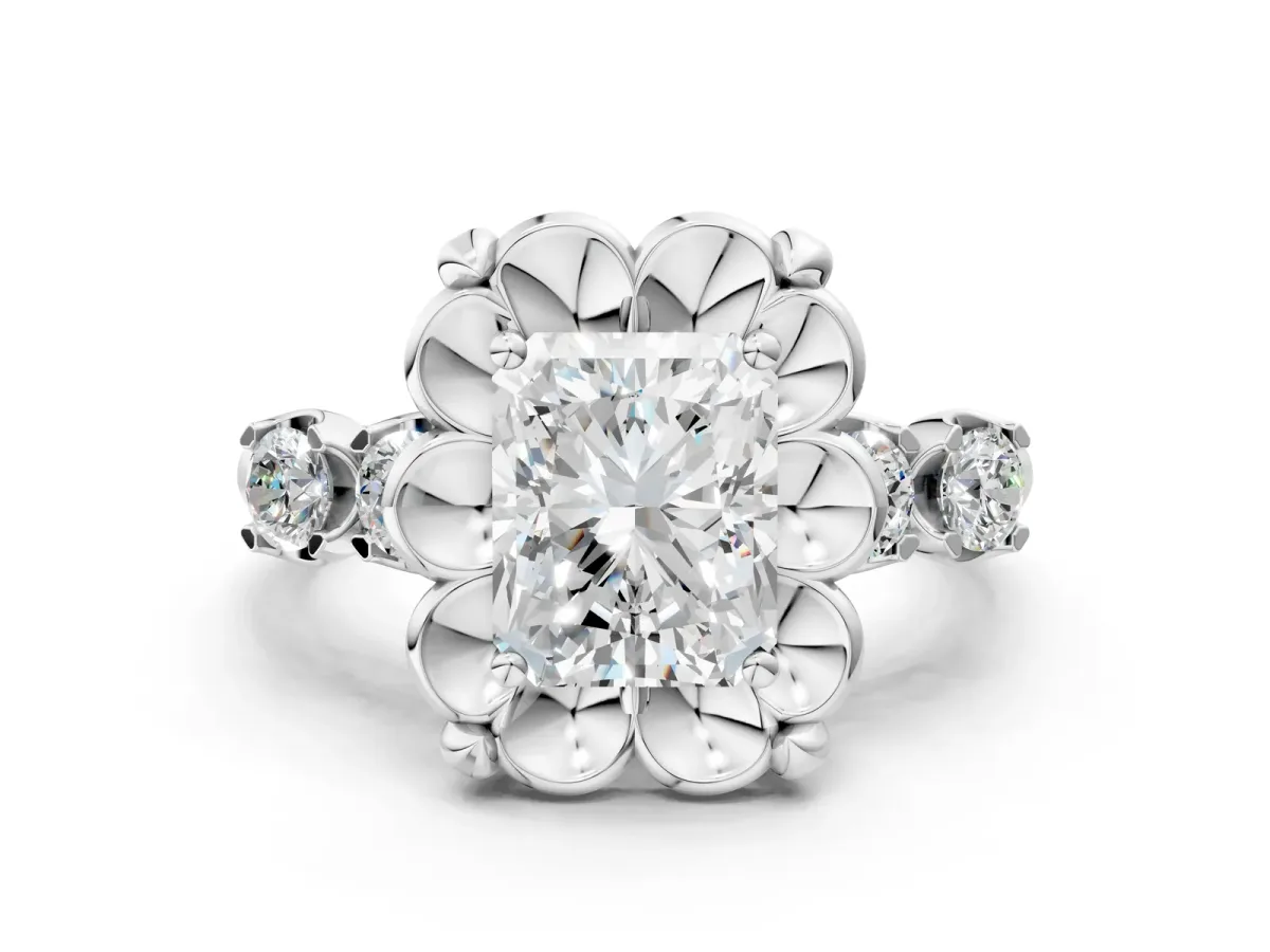 Radiant Cut Cut Diamond Floral Halo Engagement Ring with Shared Prong Setting Silver