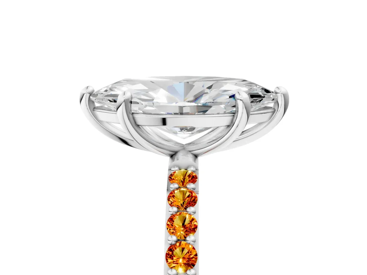 Marquise Cut Diamond Solitaire Ring with Round Citrine Pavé Band and Prong Setting Silver