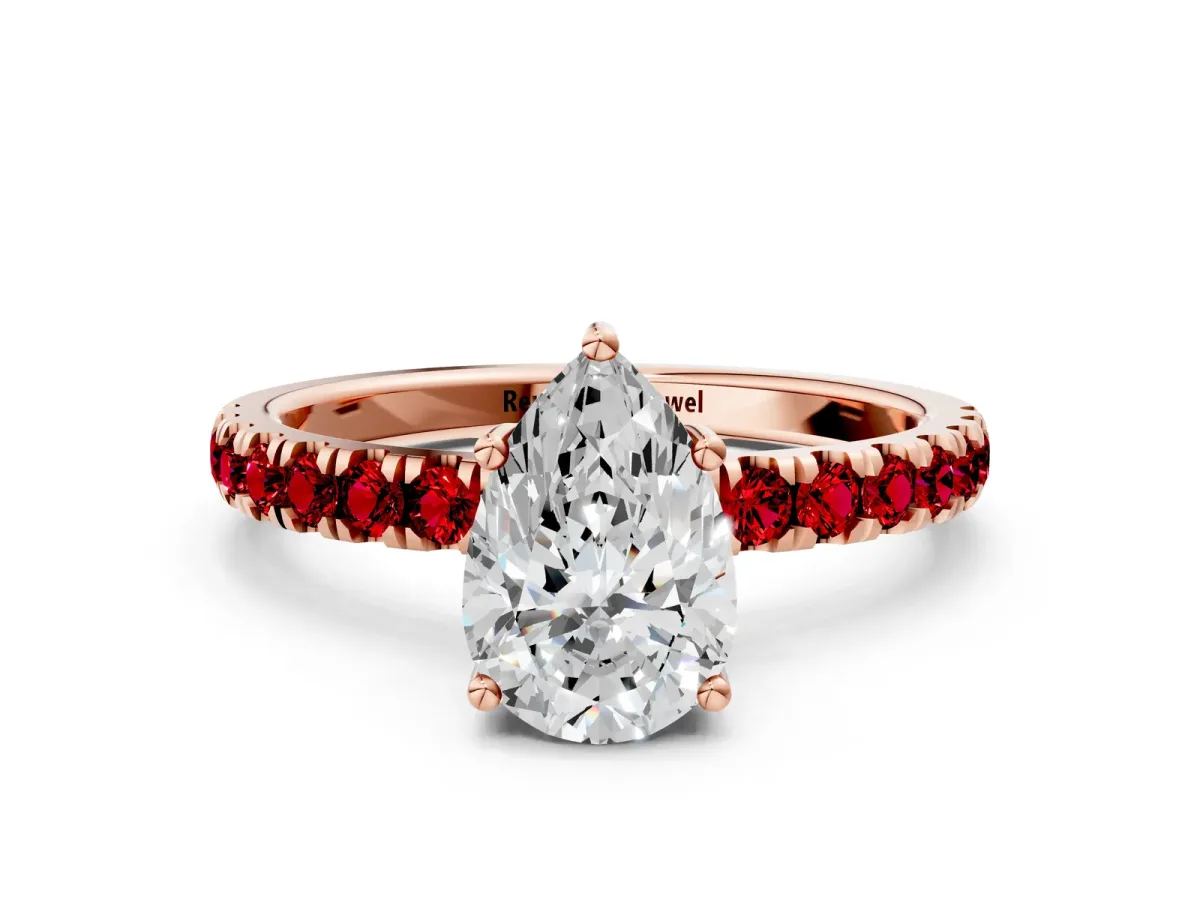Pear Cut Diamond Pave Band Solitaire Ring with Round Ruby and Prong Setting Rose gold