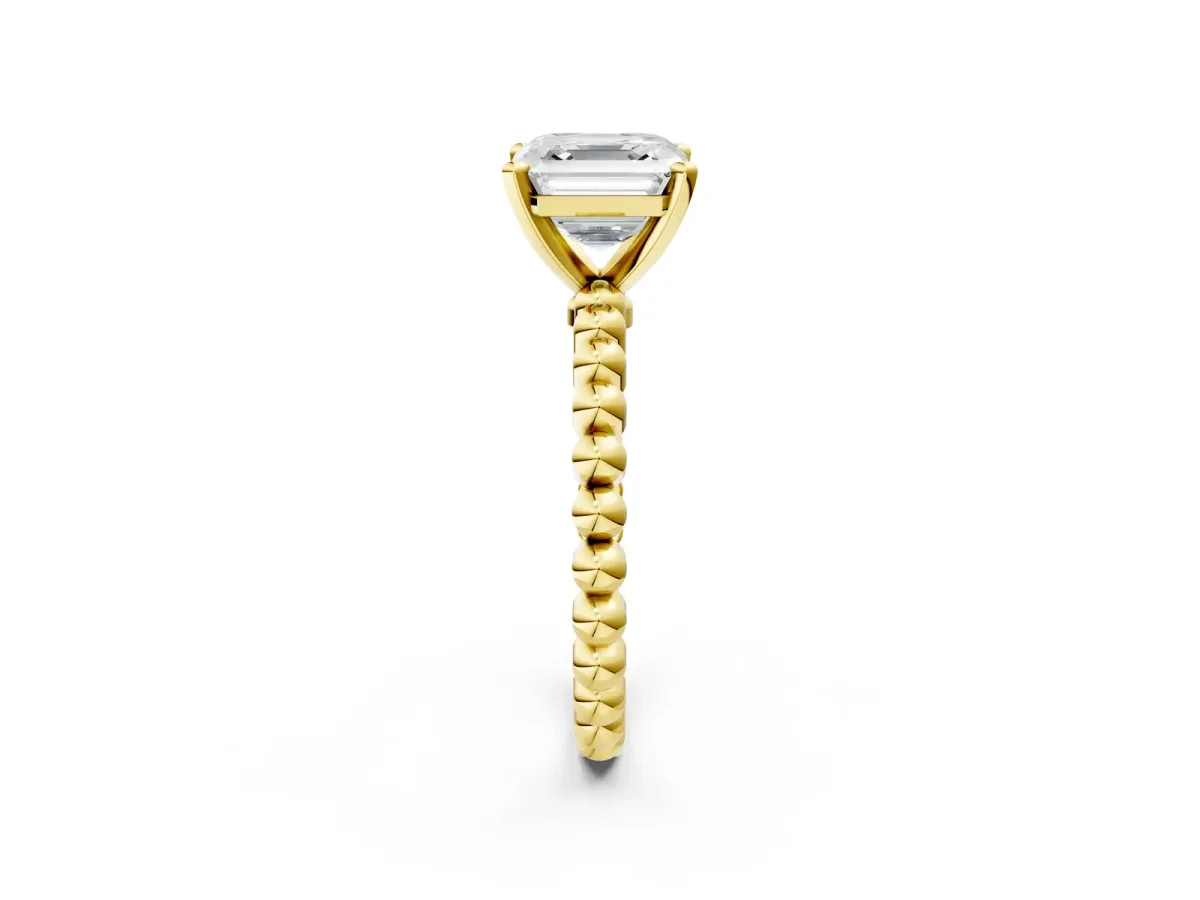 Asscher Cut Diamond Solitaire Ring with Beaded Band and Prong Setting Yellow gold