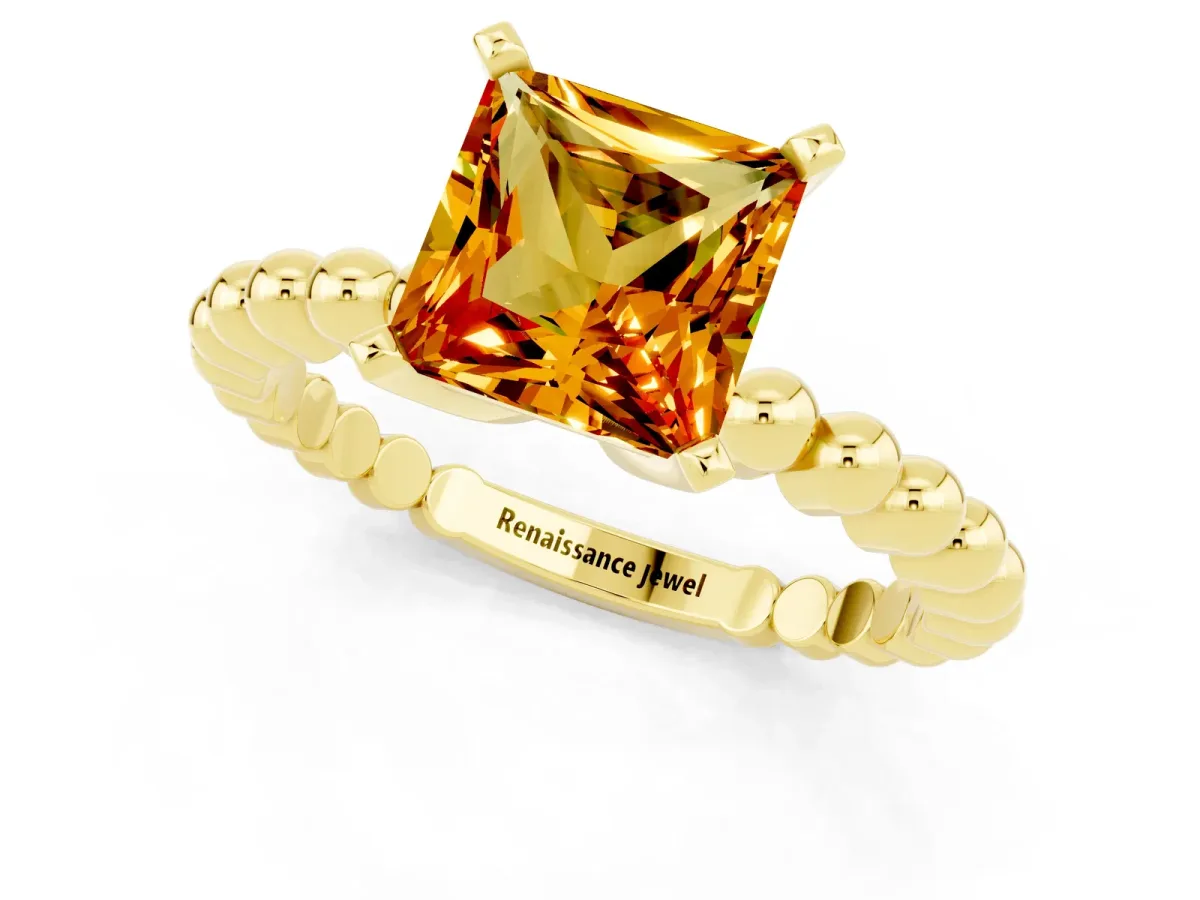 Princess Cut Citrine Solitaire Ring with Beaded Band and Prong Setting Yellow gold