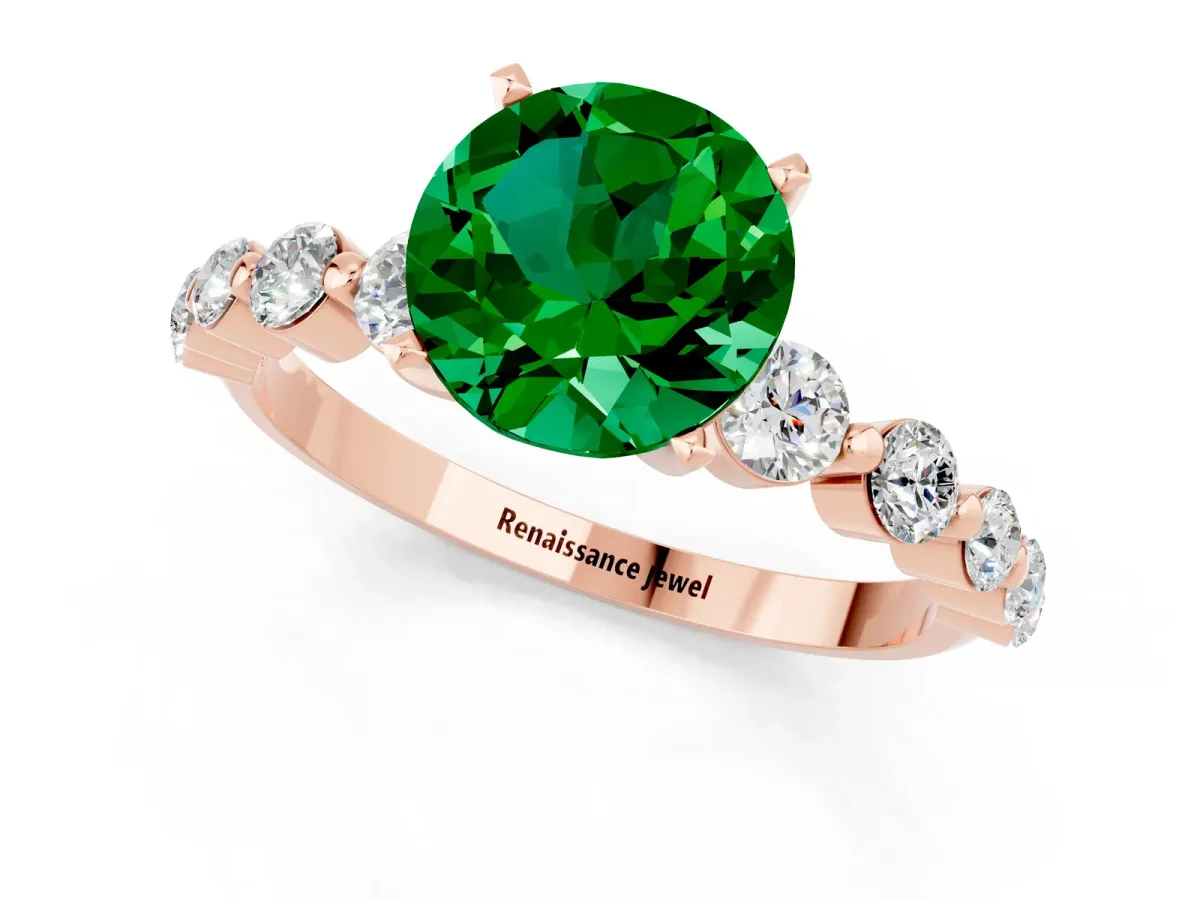 Round Cut Solitaire Emerald Ring with Pave Band and Four-Prong Setting Rose gold