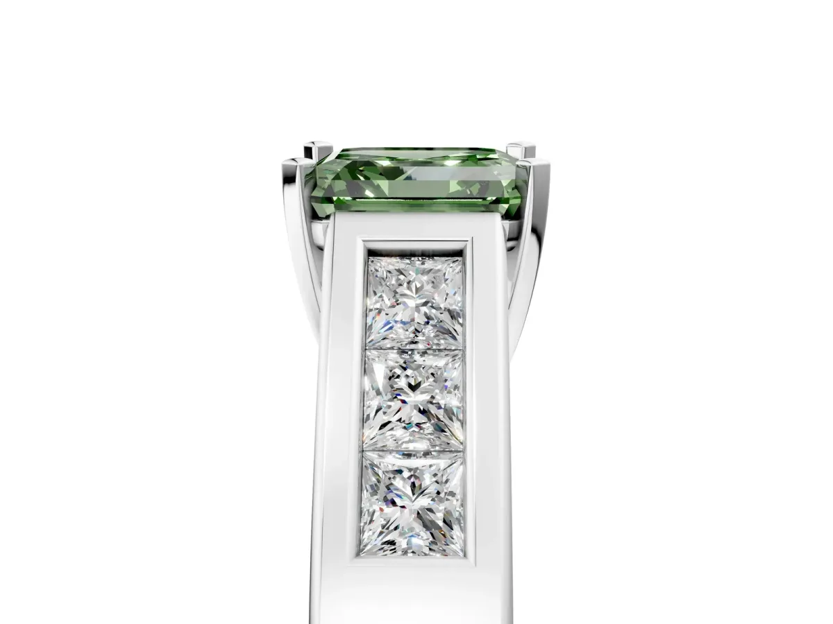 Fancy Green Asscher Cut Cut Channel Set Solitaire Ring with Four-Prong Setting Silver