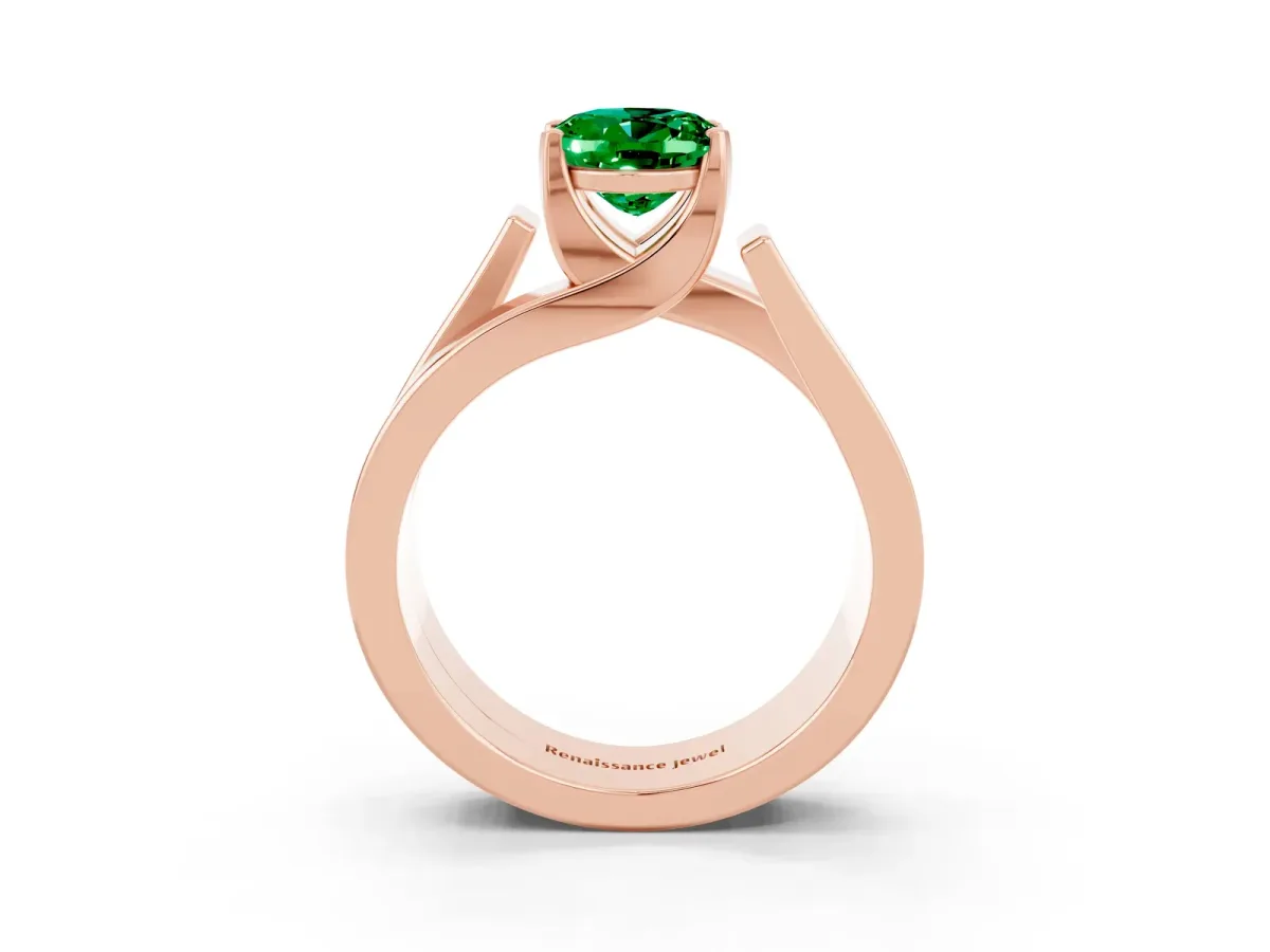 Modern Tension Set Oval Cut Emerald Solitaire Wide Band Ring Rose gold