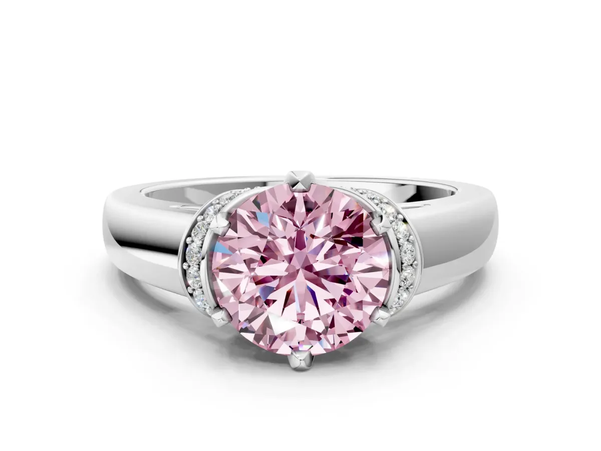 Fancy Pink Round Cut Solitaire Diamond Ring with Pave Band and Six-Prong Setting Silver