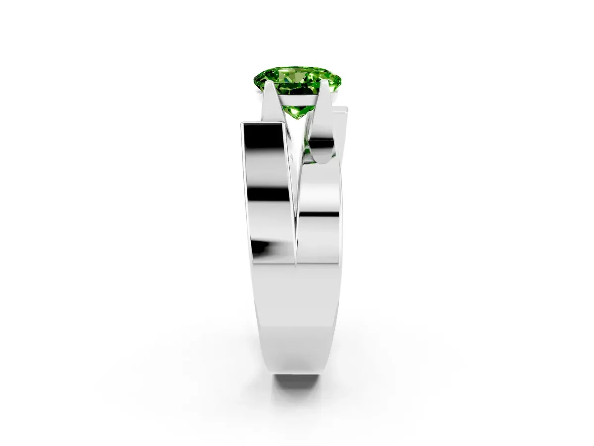 Modern Tension Set Round Cut Peridot Solitaire Wide Band Ring Silver