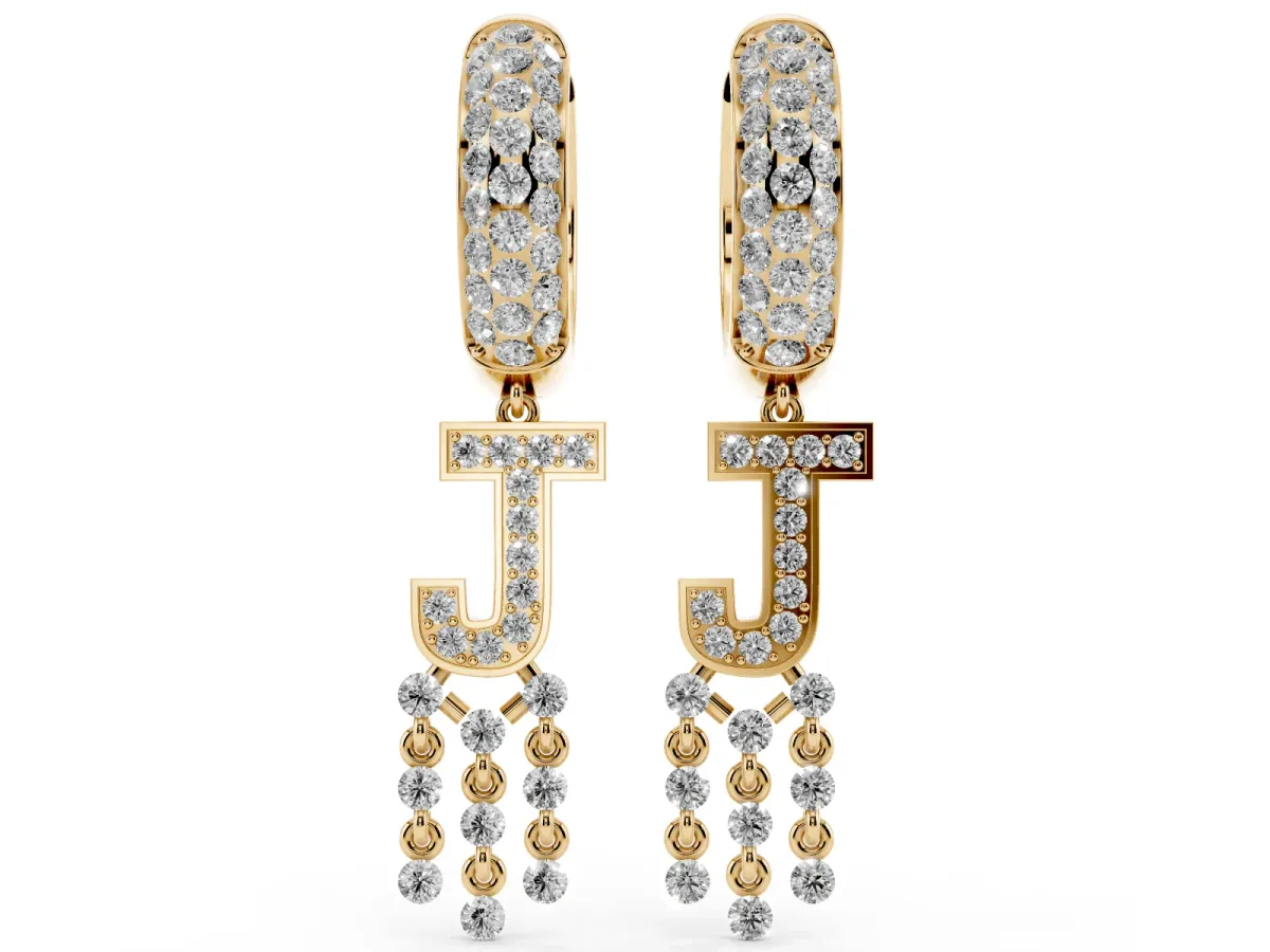 Round Diamond Initial J Huggie Hoop Earrings Yellow gold