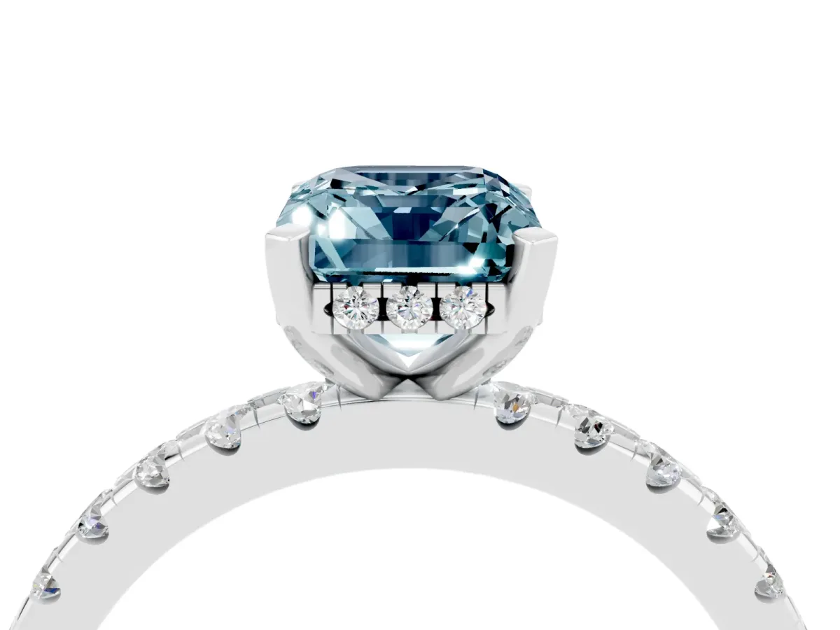 Emerald Cut Aquamarine Solitaire Ring with Round Pavé Band and Four-Prong Setting Silver