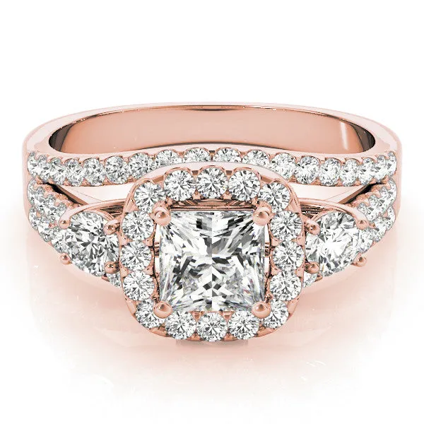 Halo Princess Cut Cut Split Shank Diamond Ring with Four-Prong Setting Rose gold