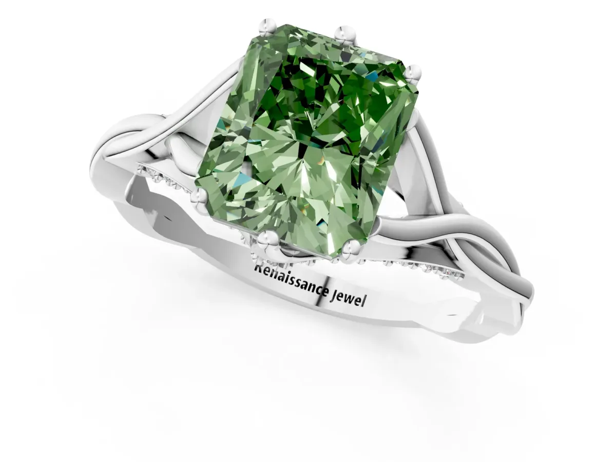 Fancy Green Radiant Cut Solitaire Twist Band Six-Prong Setting Platinum