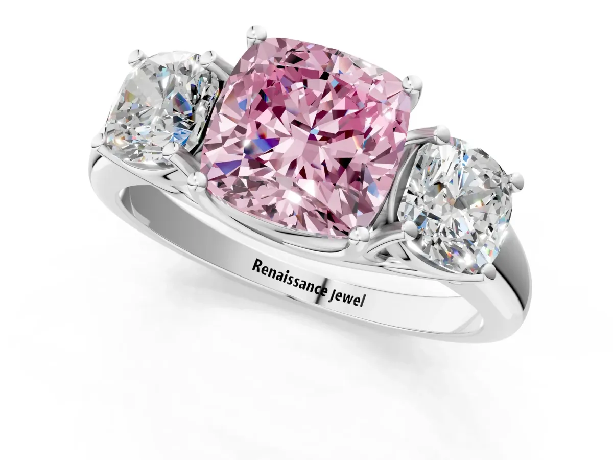 Fancy Pink Three-Stone Cushion Cut Diamond Engagement Ring with Prong Setting White gold