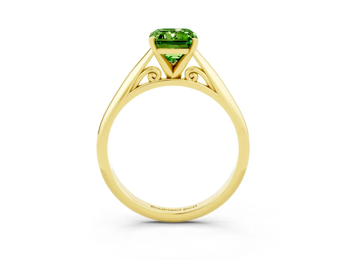 Emerald Cut Peridot Solitaire Engagement Ring with Cathedral Setting and Four-Prong Mount Yellow gold