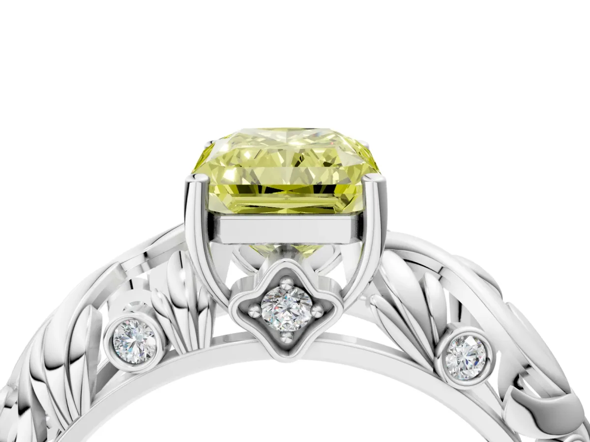 Fancy Yellow Radiant Cut Solitaire Diamond Leaf-Inspired Vine Band Ring with Prong Setting Platinum