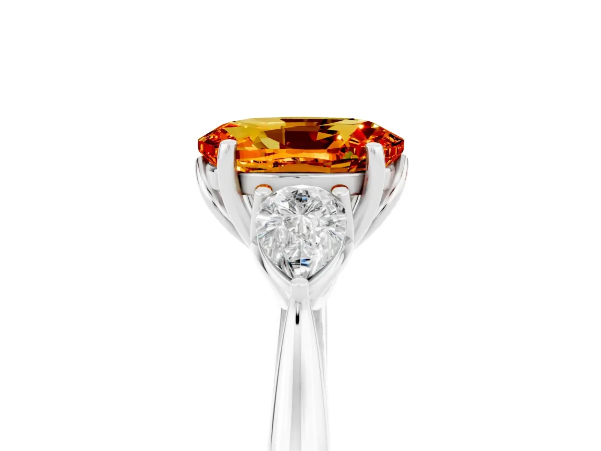 Three-Stone Oval Cut Citrine Ring with Pear Side Stones in Four-Prong Setting White gold
