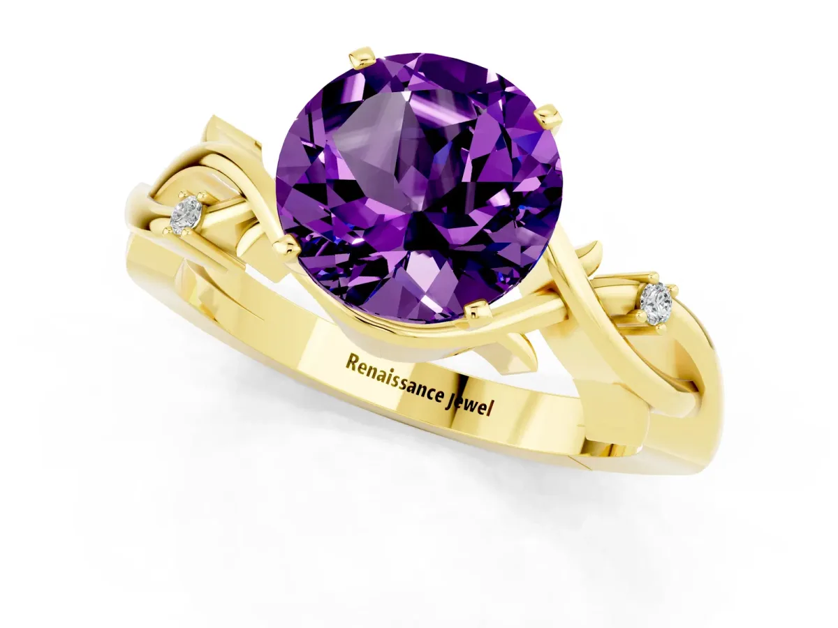 Round Cut Amethyst Solitaire Ring with Twisted Band and Prong Setting Yellow gold
