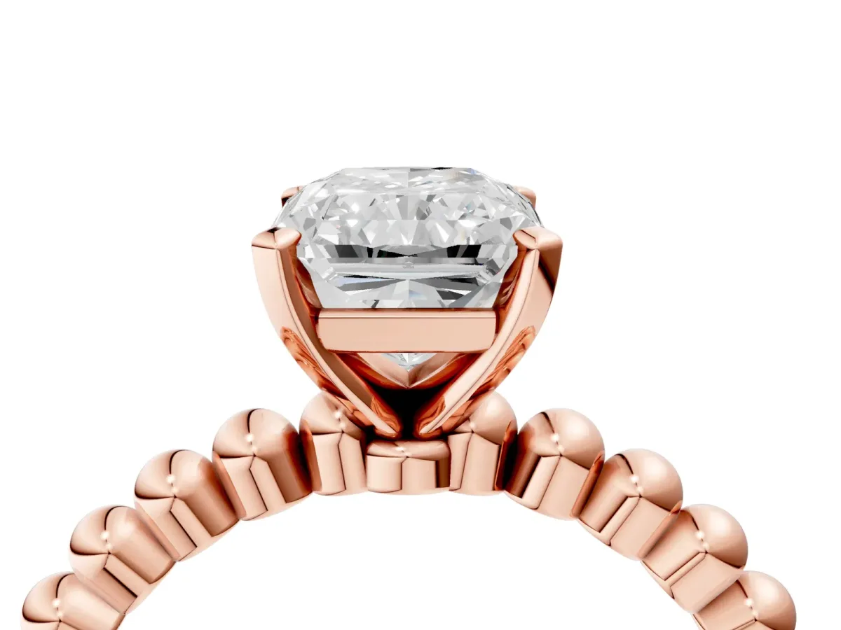 Radiant Cut Diamond Solitaire Ring with Beaded Band and Prong Setting Rose gold