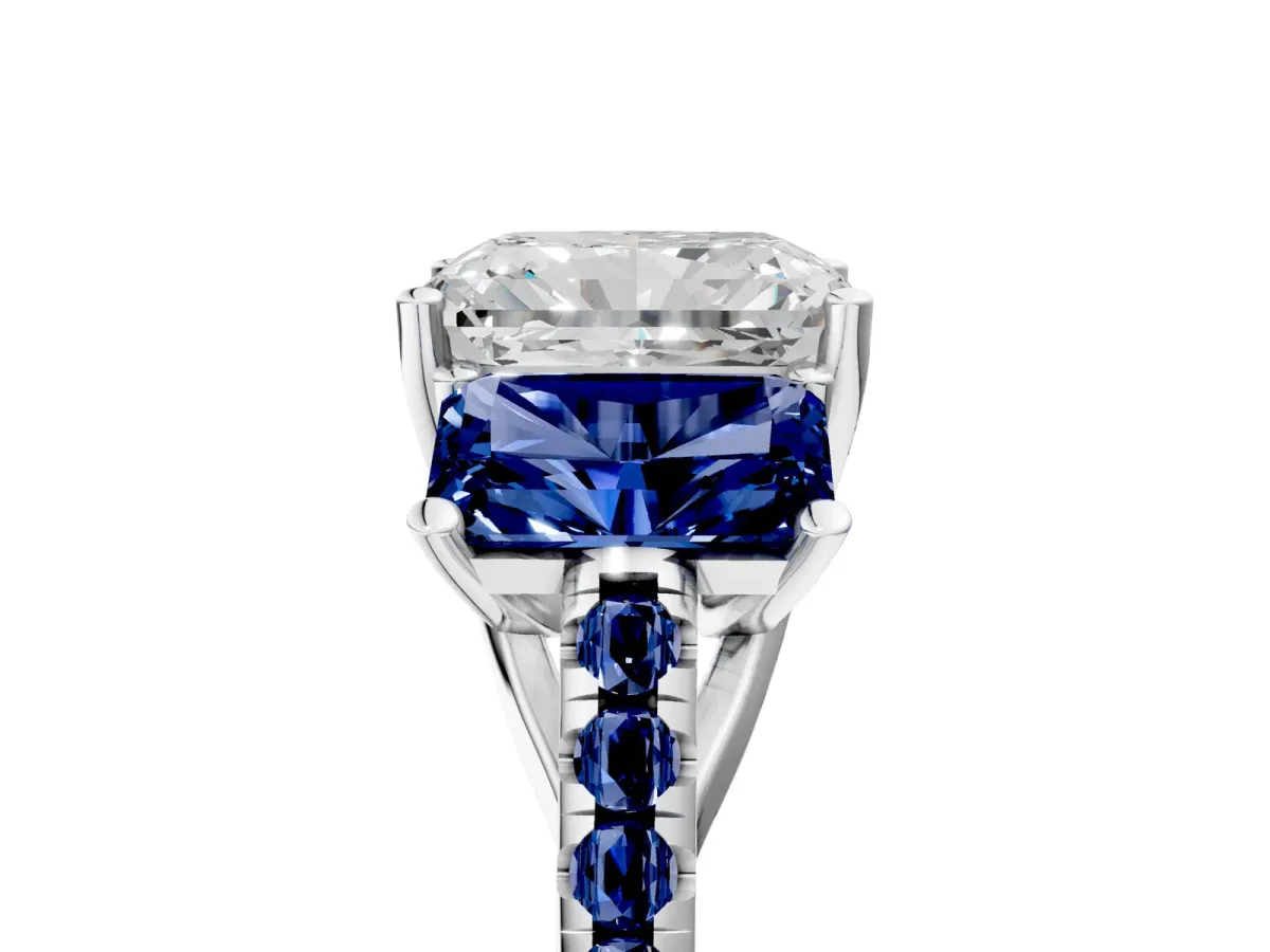 Three-Stone Radiant Cut Diamond Ring with Round Blue Sapphire Pavé Band and Prong Setting Silver