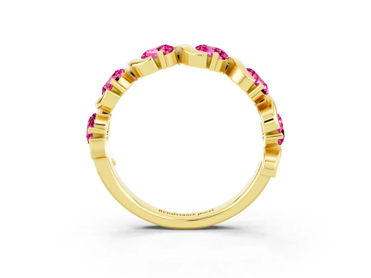 Round Pink Sapphire Half Eternity Band with Wave Prong Setting Yellow gold