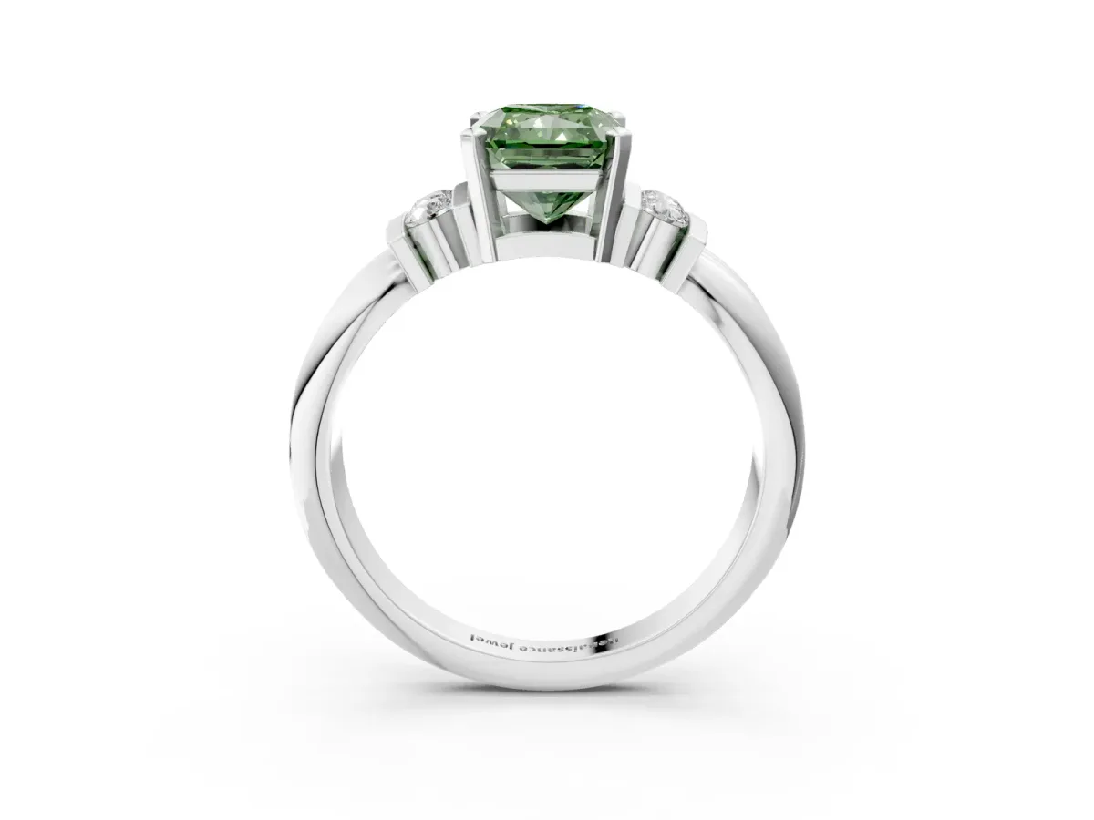 Fancy Green Radiant Cut Cut Three-Stone Channel Set Ring with Bar Prongs Platinum